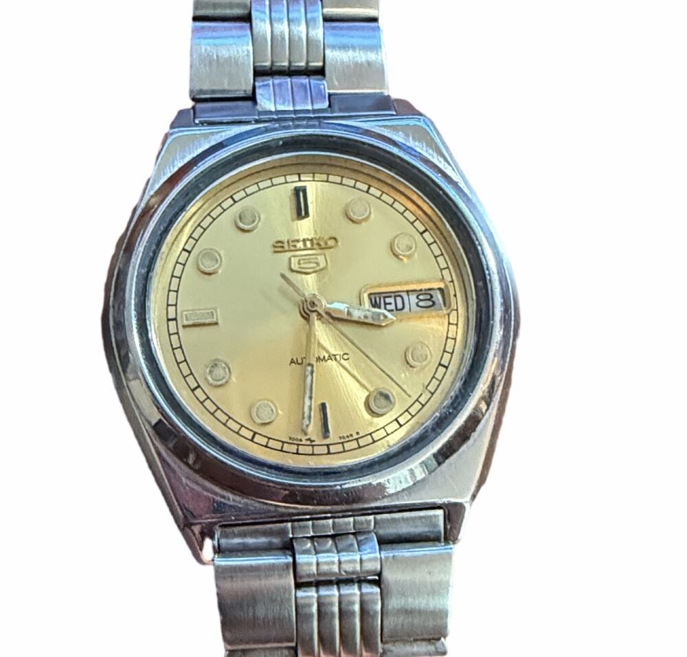Seiko 5 Automatic Men's Watch Gold Dial Day Date Stainless Steel